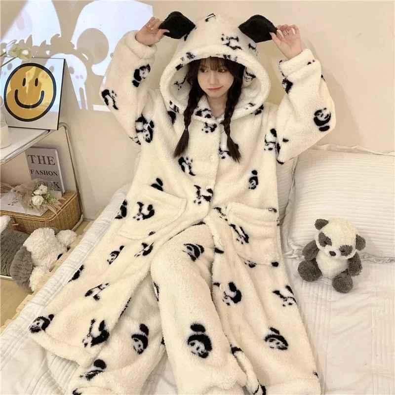 Kawaii Sanrio Pajamas Anime Kuromi Cute Girl Plush Plus Velvet Thicken Tracksuit Winter Keep Warm Pajamas Two Piece Set New