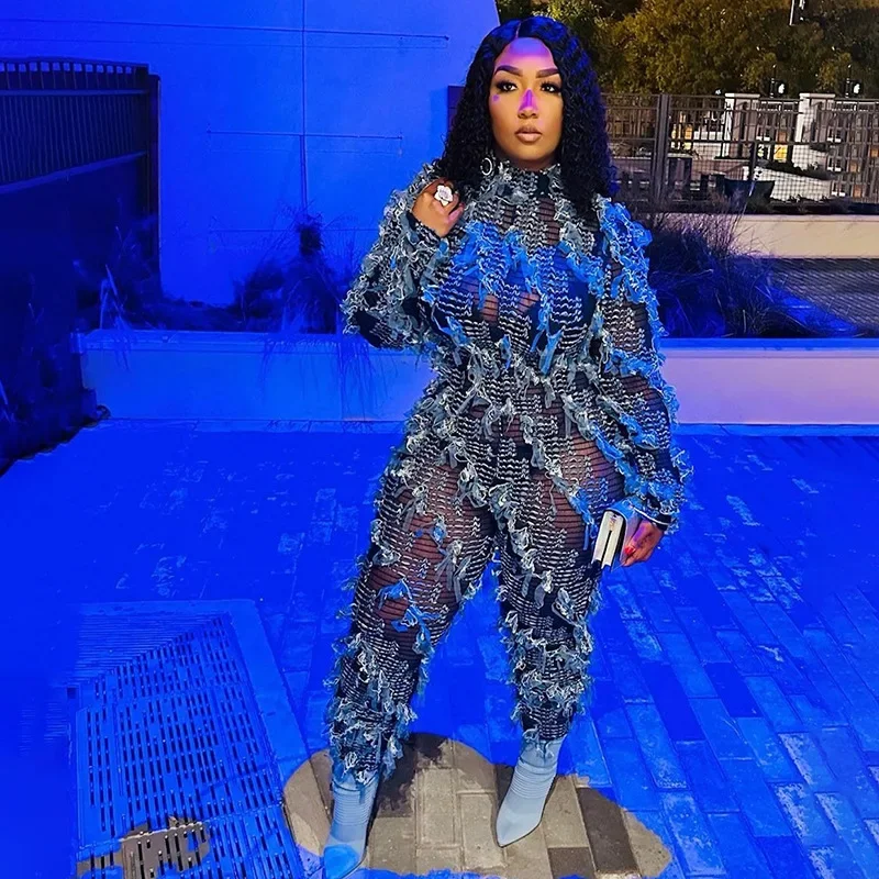 

Mesh Tassel Pleated Women Jumpsuit Turtleneck Long Sleeve Backless Slim One Piece Overalls Clubwear Party Rompers Streetwear