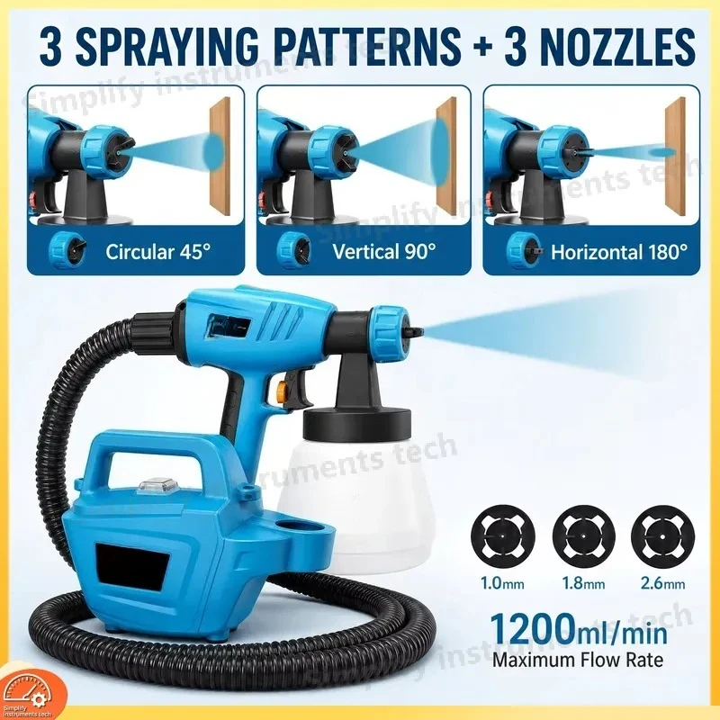 800W HVLP Paint Sprayer Spray Gun 1200ML Min 2.5M Air Hose 1300ML Detachable Tank 3 Nozzle Sizes 3 Spray Patterns