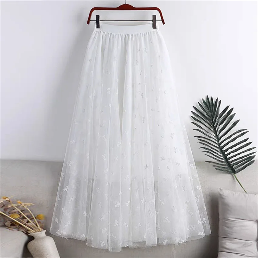Gowyimme 2026 New Spring Summer Fahion Big Size Women High Waist Lace Skirt Girl Midi-long A-line Solid Skirts Bottomings PD1864
