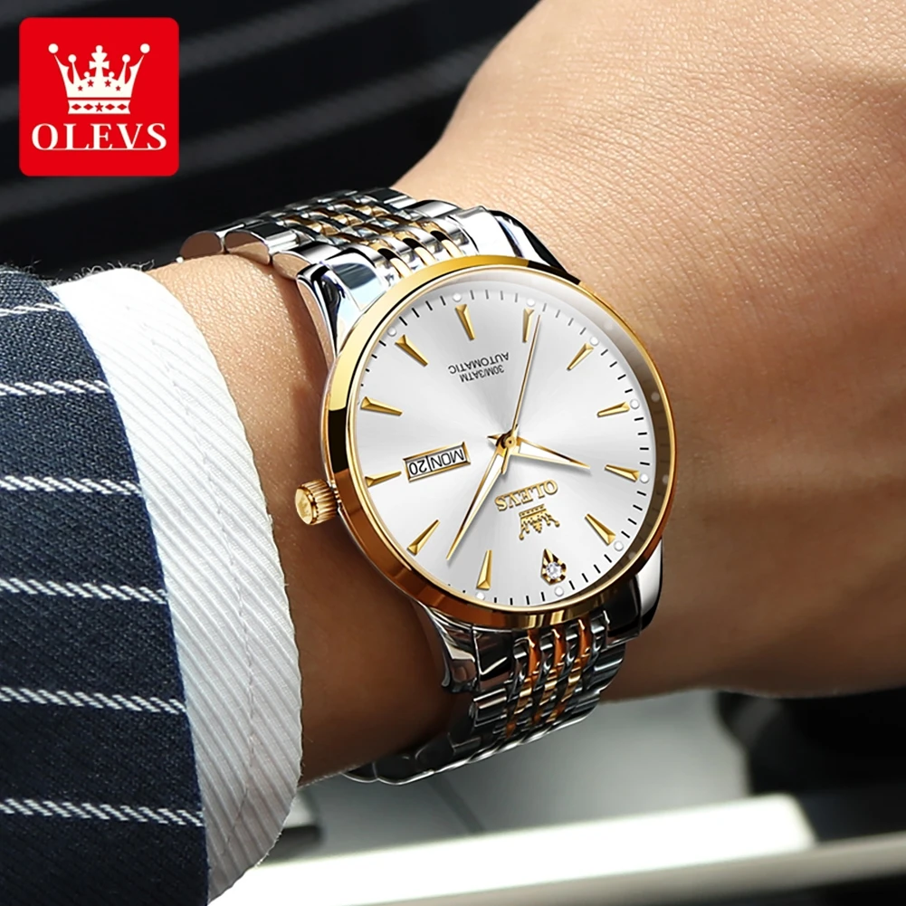 OLEVS 6635 reloj para hombre, reloj mecánico Original de marca superior para hombre, relojes de negocios de acero inoxidable resistente al agua hasta 30M con calendario Dual