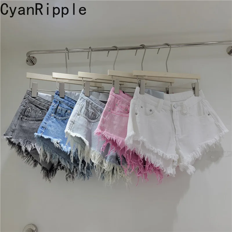 Pink Sexy Hot Girl Denim Shorts for Summer 2026 New All-match High Waist A-line Solid Color Wide Leg Tassel Super Short Jeans