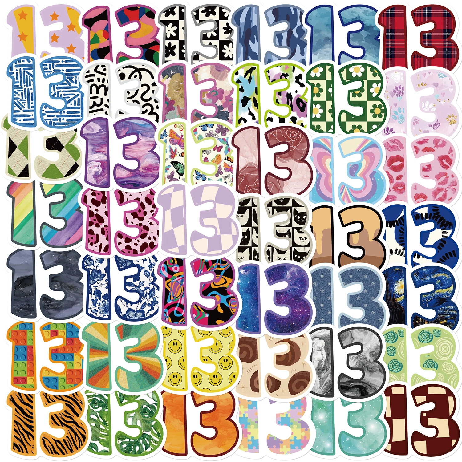 50PCS Cartoon Creative Lucky Number 13 Stickers Personality Graffiti DIY Luggage Computer Laptop Refrigerator Stickers Toy