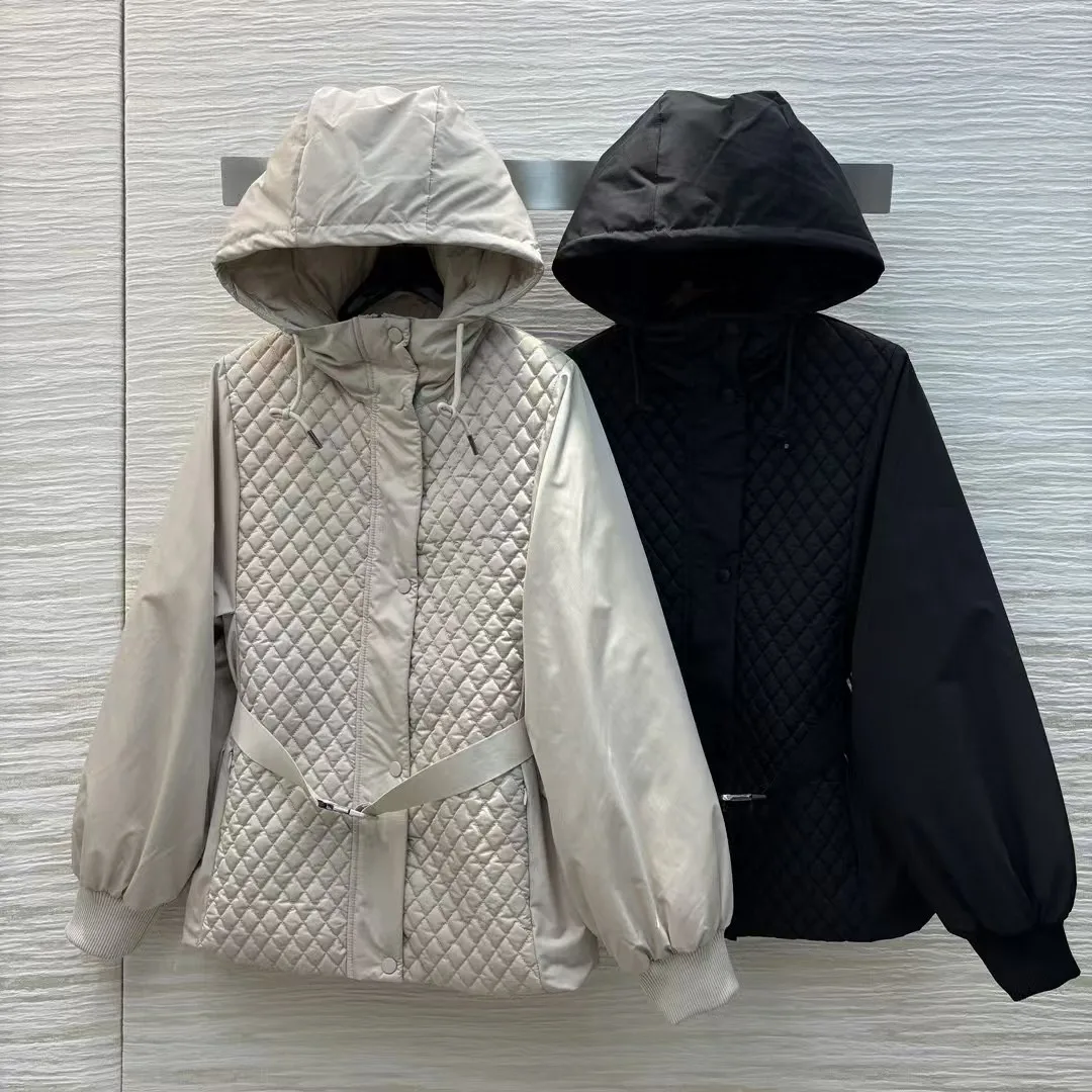 High end customized women's hooded stand up collar diamond grid clip thin down jacket