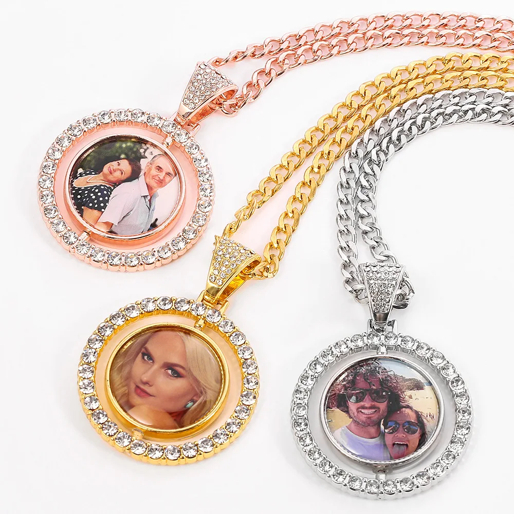 

DIY Customized Round Rotatable Double-sided Photo Necklace Full of Diamond Hip-hop Rock Pendant Necklace Free Shipping