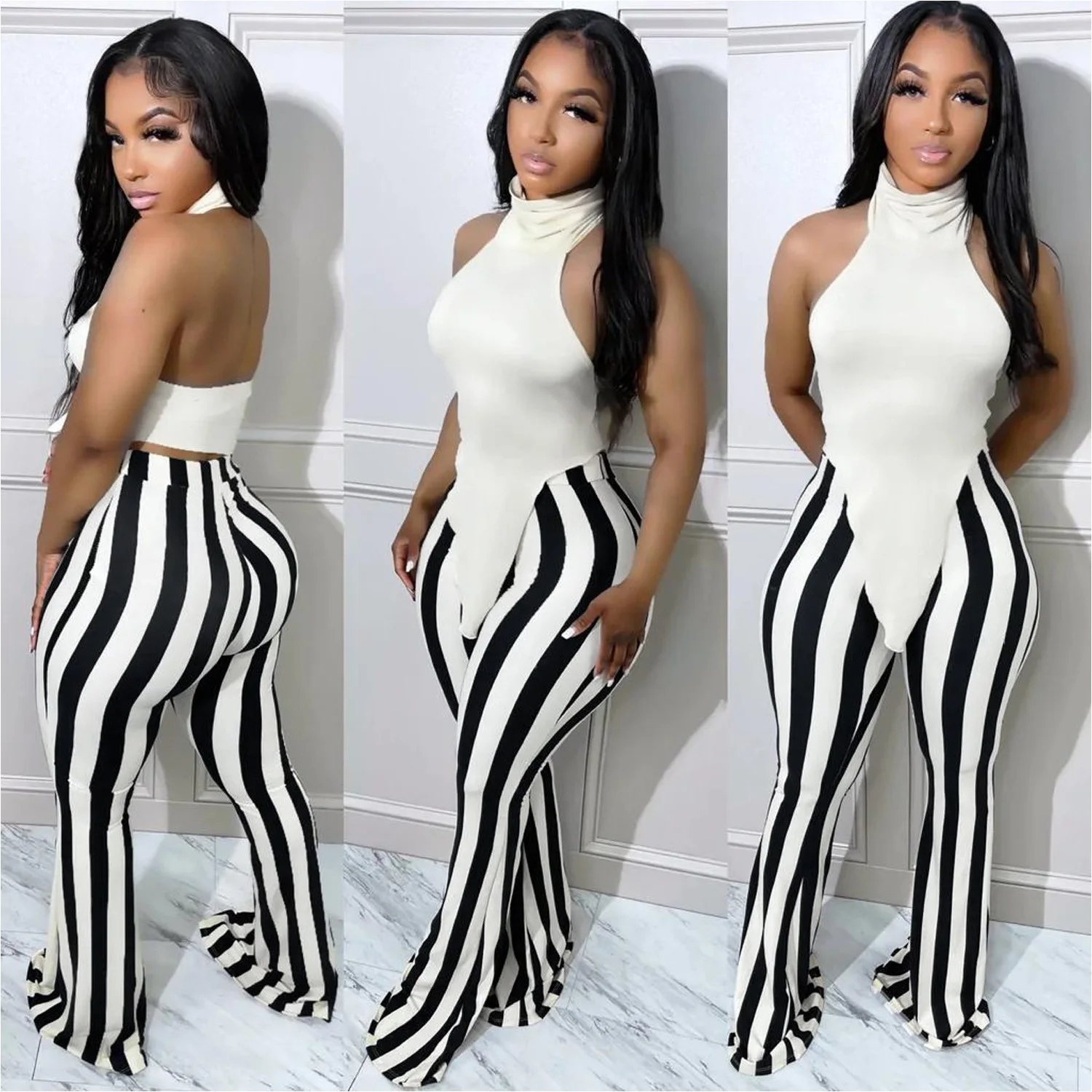 

Summer Crop Casual 2 Two Piece Set Sexy Tank Tops Suits Holiday Outfit Tracksuit Cargo Striped Pants Women Sweatsuits Streetwear