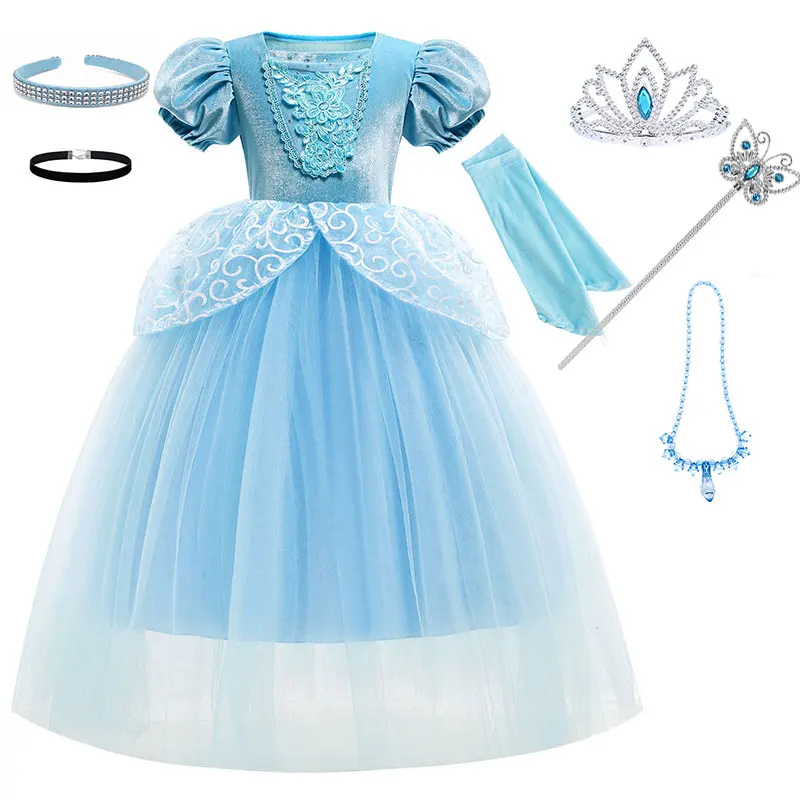 

Children Floral Cinderella Ball Gown with Gloves Girls Princess Costume Wedding Party Vintage Princess Clothing Frock Girls Robe