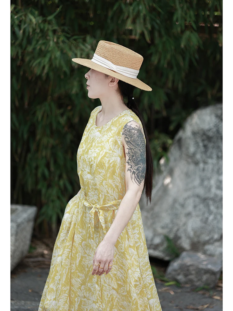 

Casual Cotton Linen Long Dr round Ne Svel Print Slimming Leisure Gown Women's Summer Faion Vintage Sle Dr