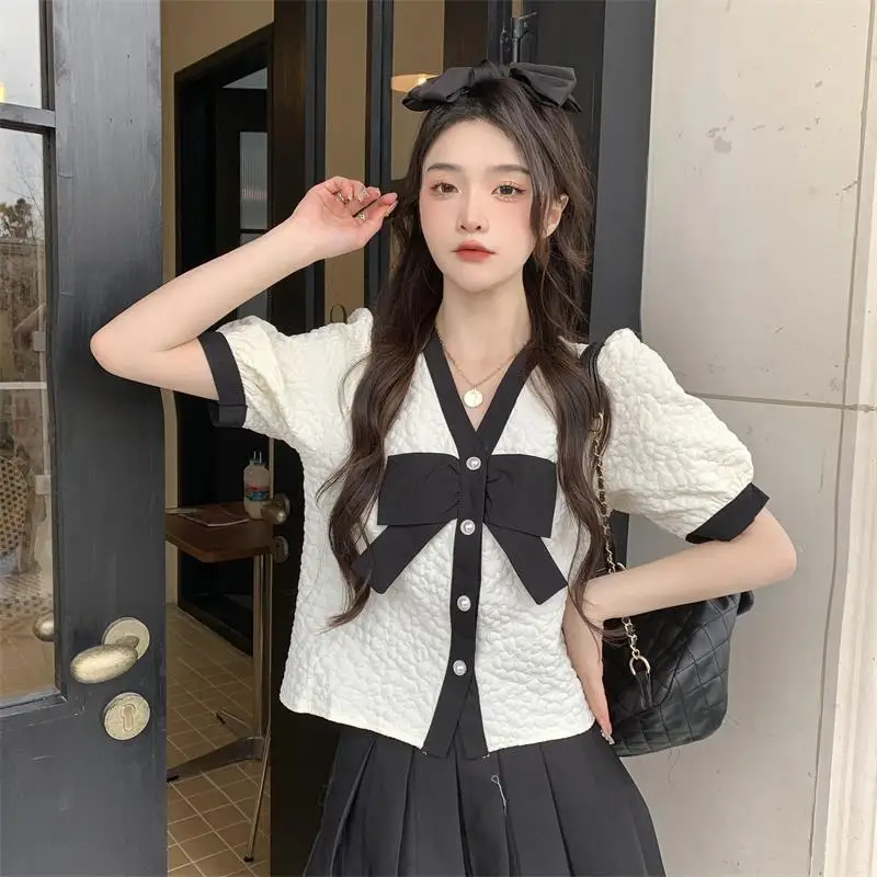 

Puff Sleeve Sweet Panelled Shirts Women French Style Summer New Temperament Casual Tender Ladies All-match Ulzzang Aesthetic Ins