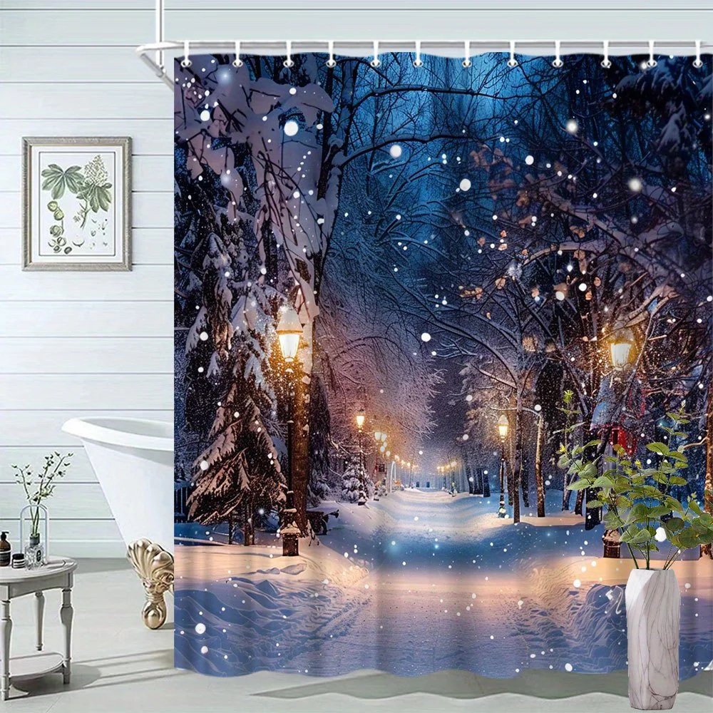 1pc Christmas Winter Snow Scene Shower Curtain Road Street Lights Snowflake Landscape Pattern Bathroom Decoration Polyester Fabr