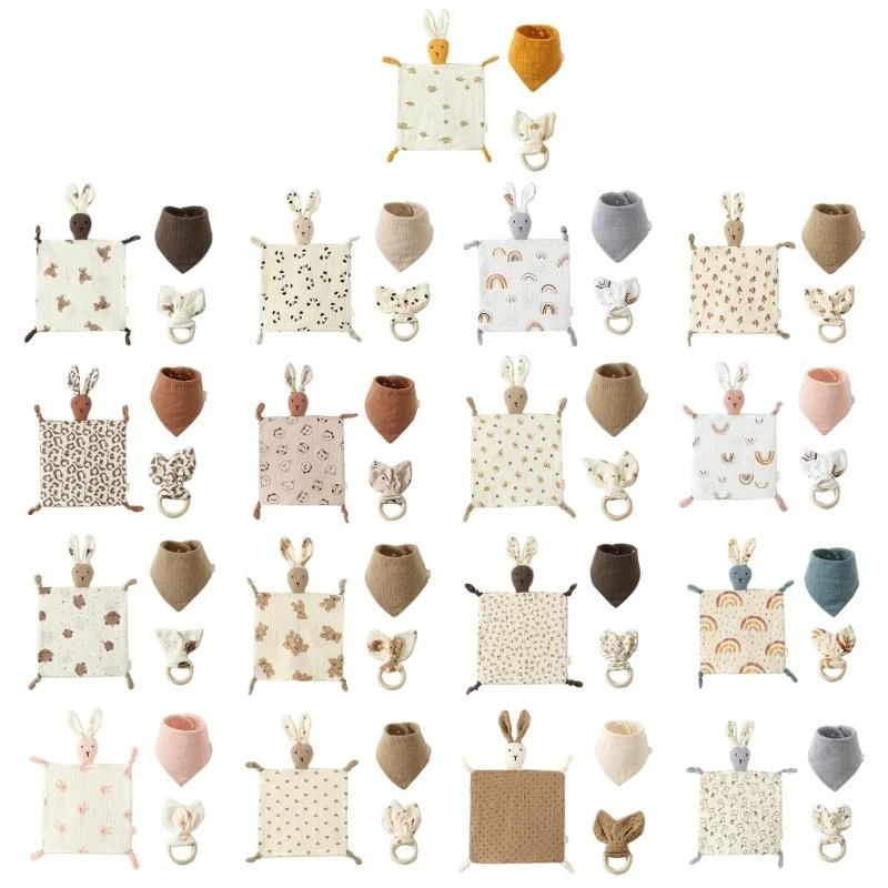 

3-piece/set Bunny Design- Baby Security Blanket with Baby Bibs Stuffed Rabbit Doll Teething Toy for Babies Present 4XBC