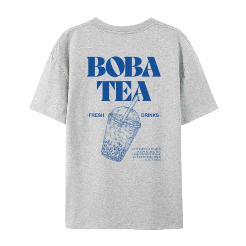 Women Retro Aesthetic Back Print Boba Tea T-Shirt Cute Bubble Tea Graphic Tees Foodie T Shirt Unisex Loose Vintage Fashion Tops