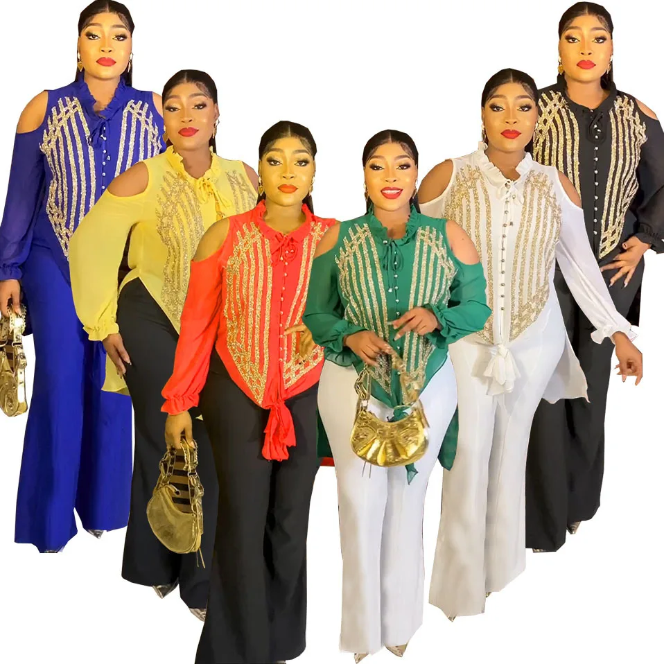 African Clothes for Women Summer Elegant African Women Long Sleeve Blue Yellow Red White 2pcs Sets Top Long Pant Matching Sets