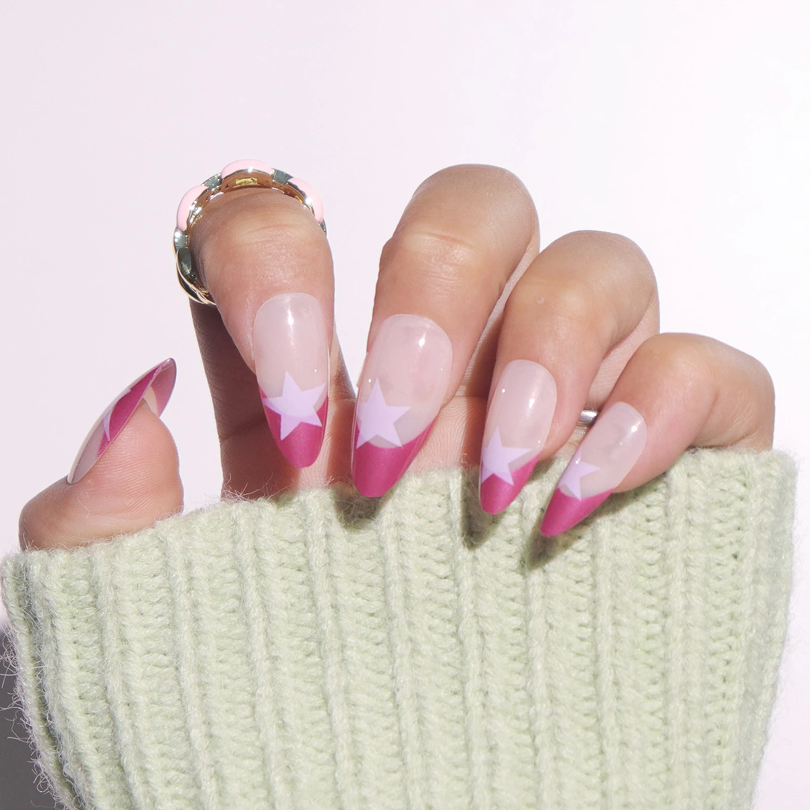 24Pcs Purple French Press On Nails Nude Color Almond False Nails Five-pointed Star Printed Y2K Girls Charm Manicure Nails Art