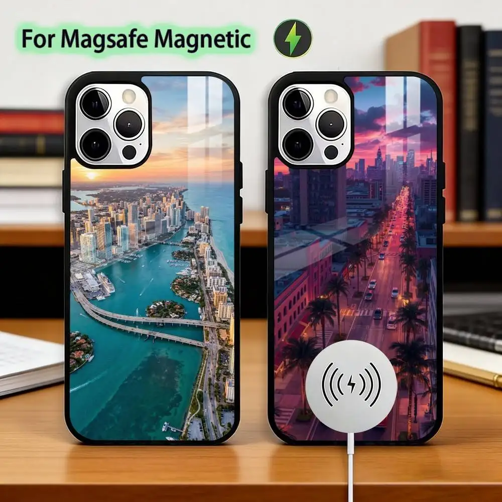 Summer Art M-Miami Florida Phone Case For iPhone17,16,15,14,13,12,11 Plus,Pro Magnetic with Magsafe Wireless Charging