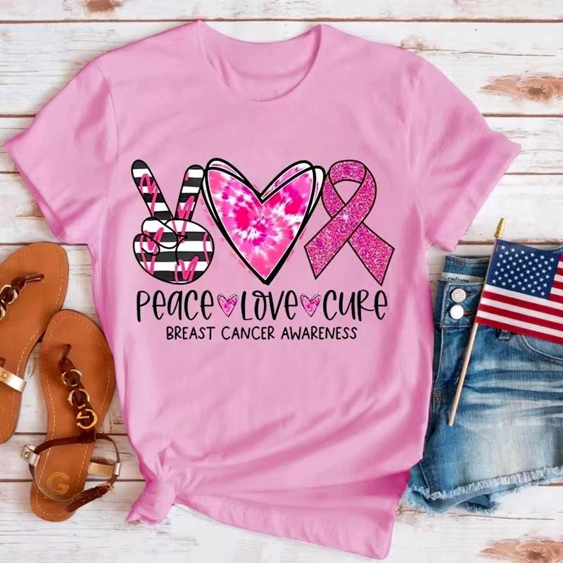 New Peace Love Hope Breast Cancer Awareness Women's Oversized T-shirt Summer New Y2k Streetwear Aesthetics Tee Top Free Shipping