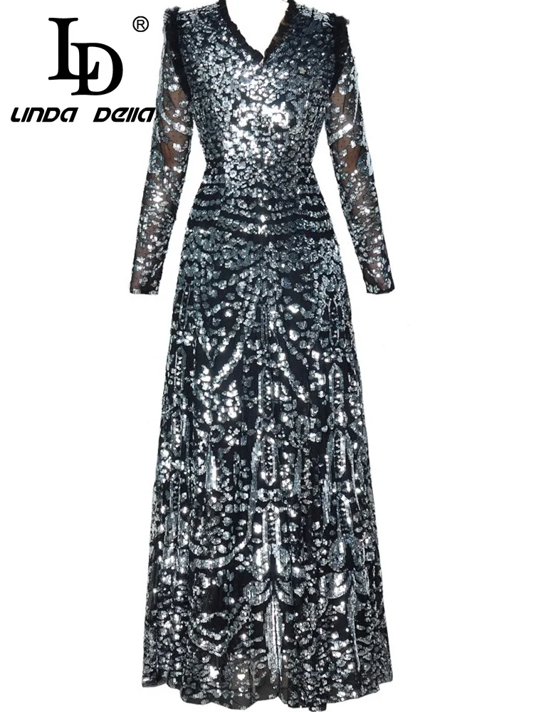 LD LINDA DELLA فساتين راقية صيفية للنساء برقبة على شكل حرف v وأكمام طويلة وخصر عالٍ فساتين ضيقة شبكية ترتر