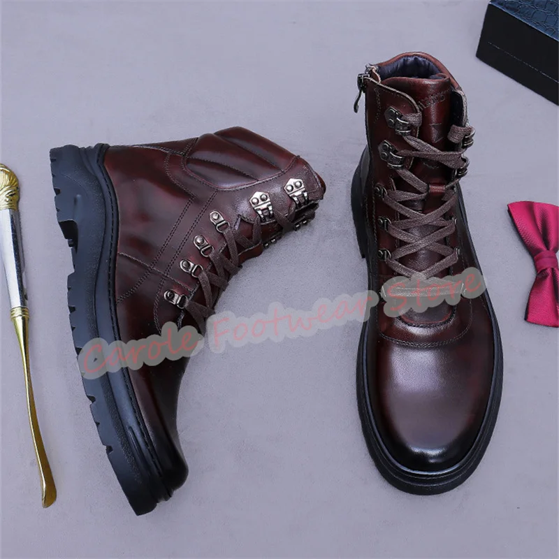 Sepatu Boots Kulit Asli Pria Model Tinggi dengan Tali Silang Gaya Inggris, Ujung Bulat, Sol Tebal, Tinggi Setengah Betis, Sepatu Luar Ruangan Pria