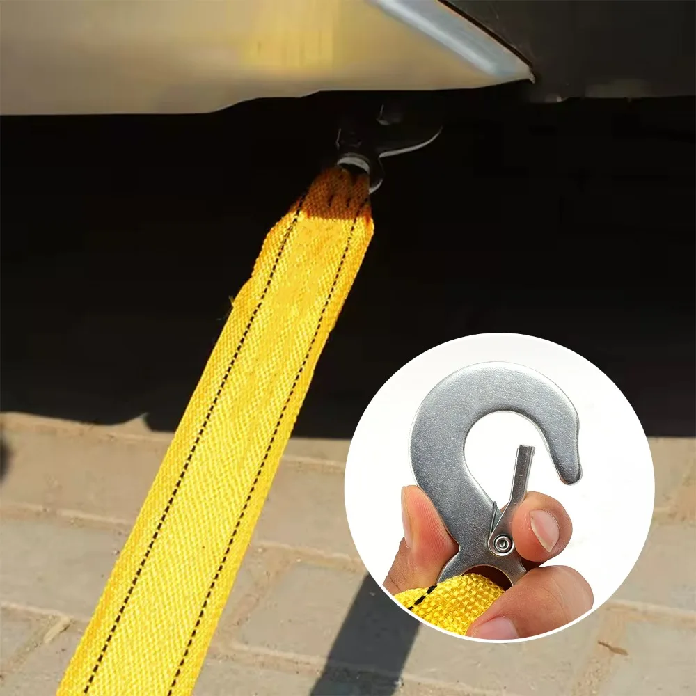 حبل سحب السيارة من النايلون عالي التحمل 3 أمتار 3 طن قدرة تحمل عالية الوضوح مقطورة صفراء حزام سحب للطوارئ