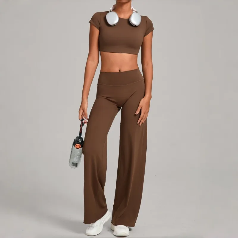 

Женский комплект костюма для йоги телесного цвета, облегающий, красивая спина, быстросохнущие прямые брюки, комплект для занятий спортом на открытом воздухе, бег, фитнес-костюм