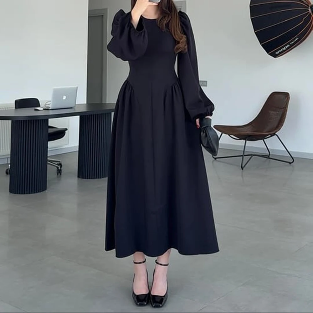 

Customized A-line Evening Dresses Tea-length O-neck Full Sleeve Prom Gown Simple Fashion Draped Casual Party Gown