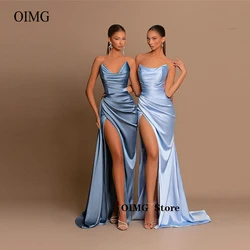 OIMG Sexy Straplesss Mermaid Satin Long Evening Dresses Light Dusty Blue Ruched Side Split Women Party Elegant Formal Prom Gowns