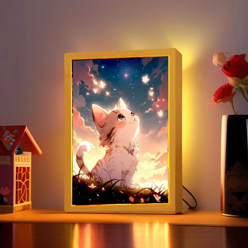 Cute Cat Light Painting Picture Frame Kawaii Led Night Light Home Bedside Table Room Decor Friends Kids Birthday Gifts Moon Lamp