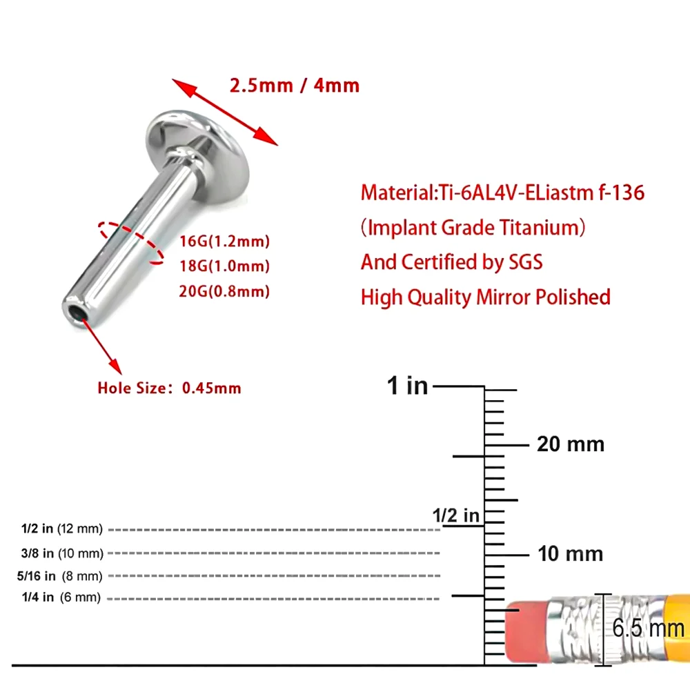 Brand New 10-Piece Set F136 Titanium Alloy 16G/18G/20G Push-On Stud Base Stud Posts for Ear Cartilage, Lip and Nose Piercings