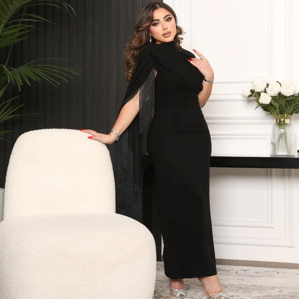 Simple Evening Dress For Sexy Women 2024 New فساتين السهرة Dubai Straight O-Neck Elegant Tassel Black Cocktail Party Prom Gown