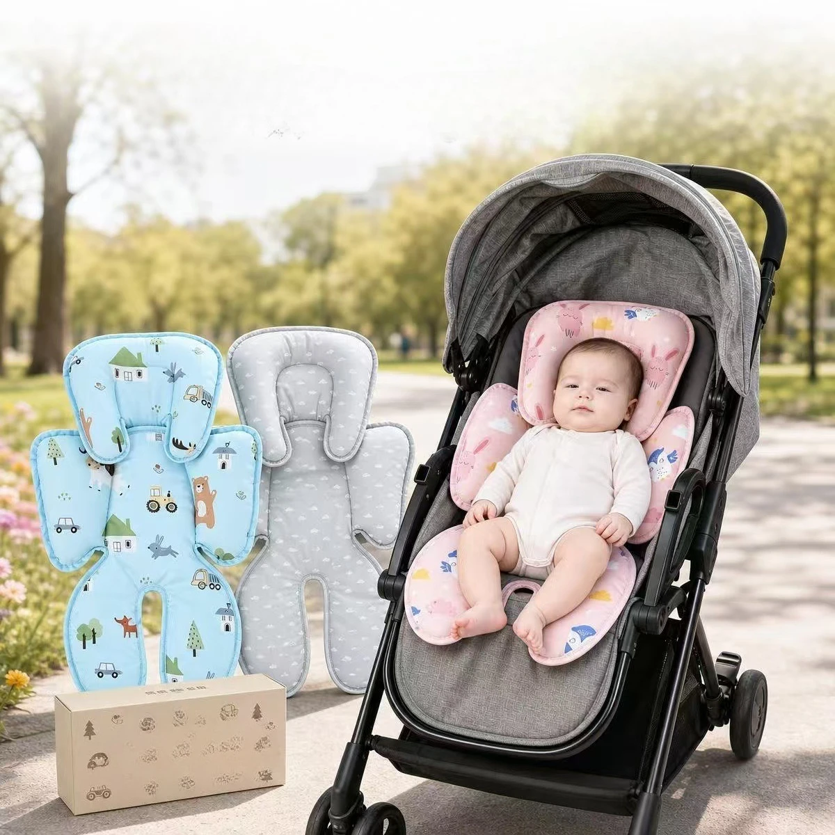 Universal Baby Stroller Cushion Breathable Fabric Stroller Seat Liner Insert Cute Cartoon Pad Kindergarten Accessories