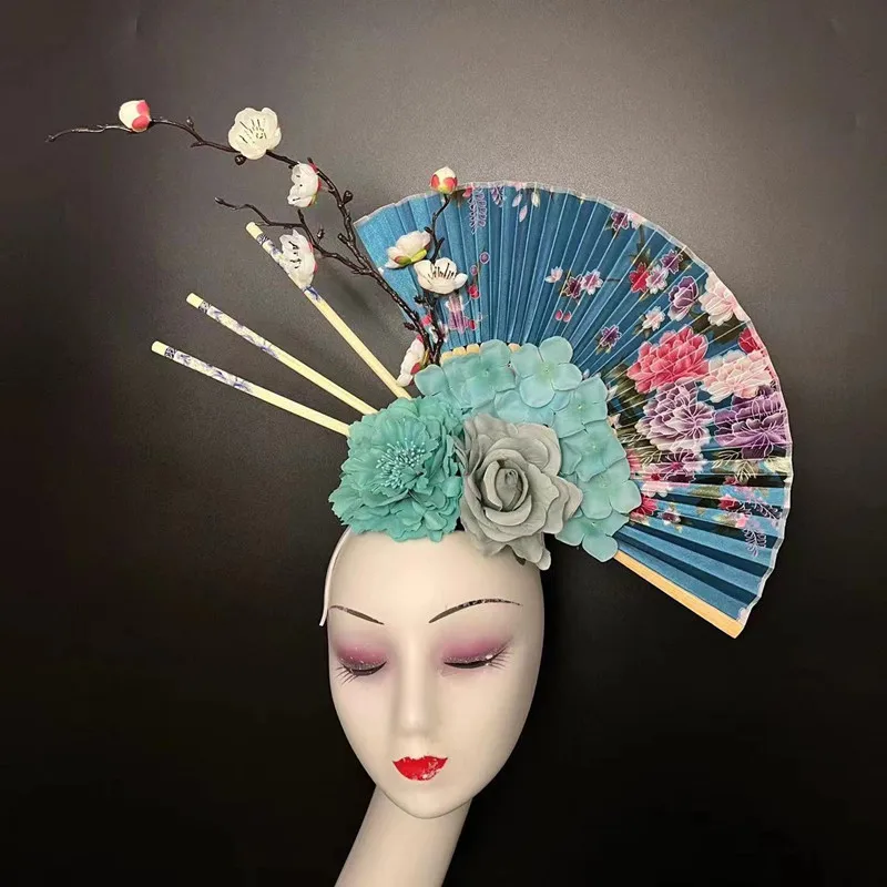 Original Handmade Classical Chinese Style Flower Fan Headwear Stage Model Runway Show Studio Photo Personalized Styling Headwear