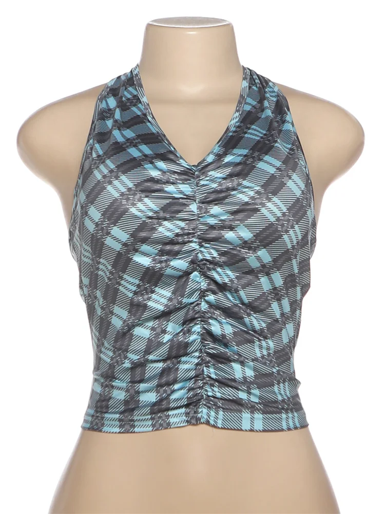 غريب سنور هوتي منقوشة تانك القمم المرأة الرسن منخفضة الصدر Ruched عارية الذراعين وشاح طوق مثير الكلاسيكية البرية الشارع كلوبوير سترة ضئيلة