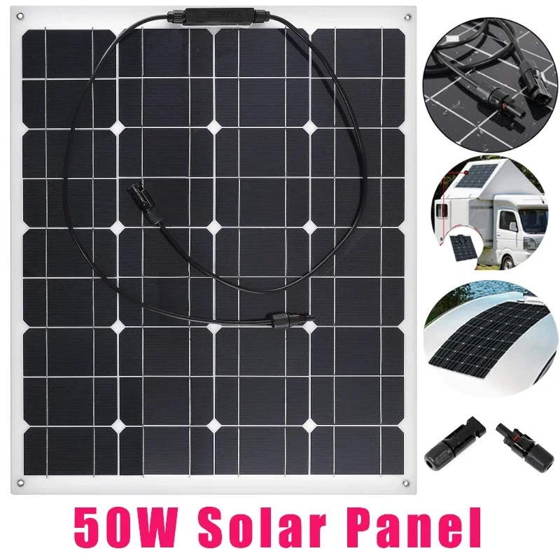 

Solar Panel 50W 18V PET Semi-Flexible Monocrystalline for Car Battery Charger RV Boat Camping Hiking Outdoor Emergency Supply