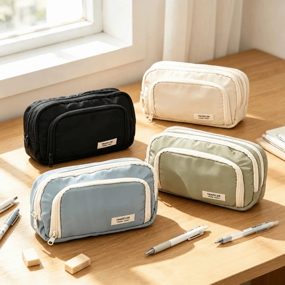 Large Capacity Pencil Case Oxford Front Window Pen Case Solid Color Multi Layer Compartment Stationery Box Student Supplies