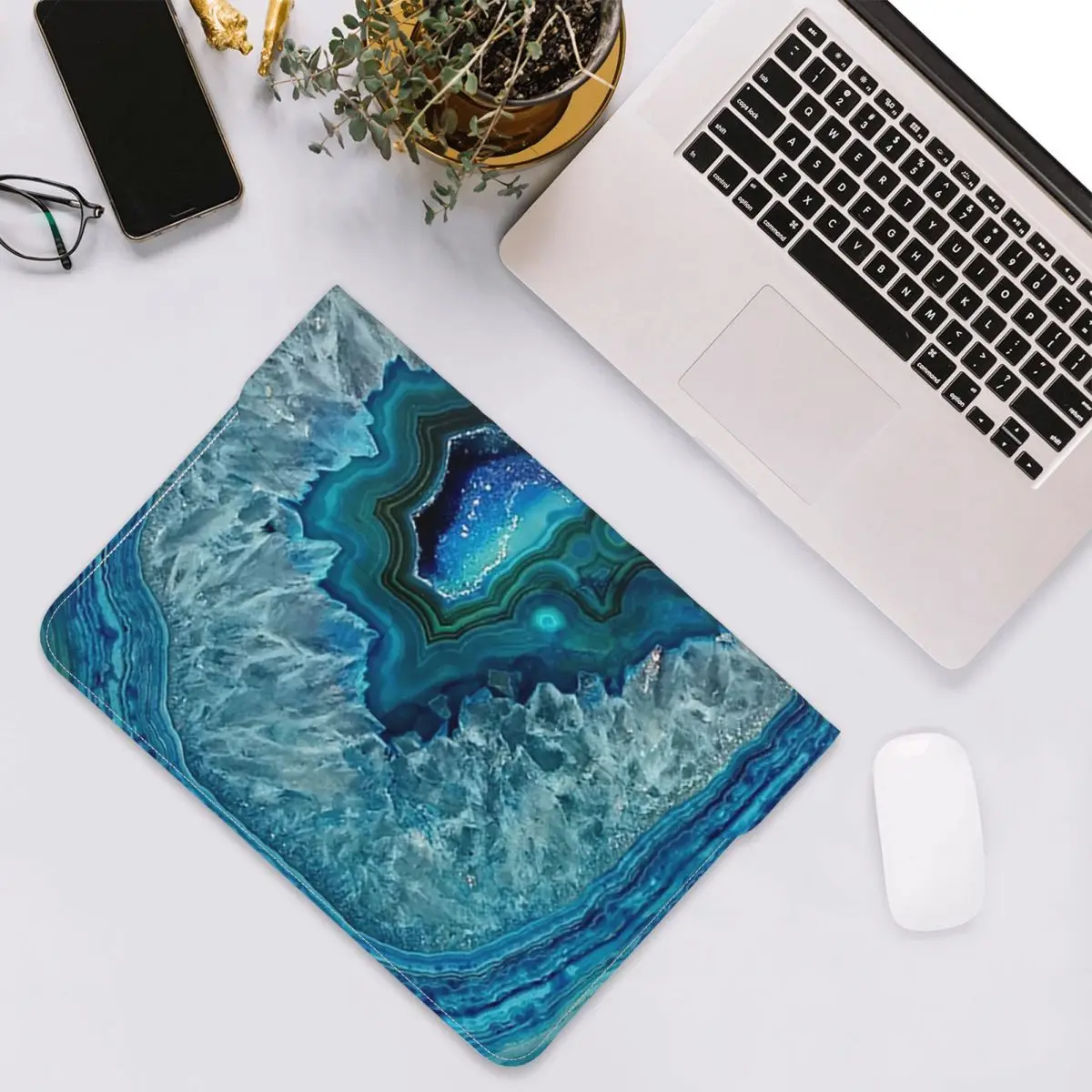 Teal Aqua Turquoise Blue Rock Agate Mineral Crystals PU Leather Horizontal Laptop Sleeve Shockproof Lining Notebook Case 13 Inch