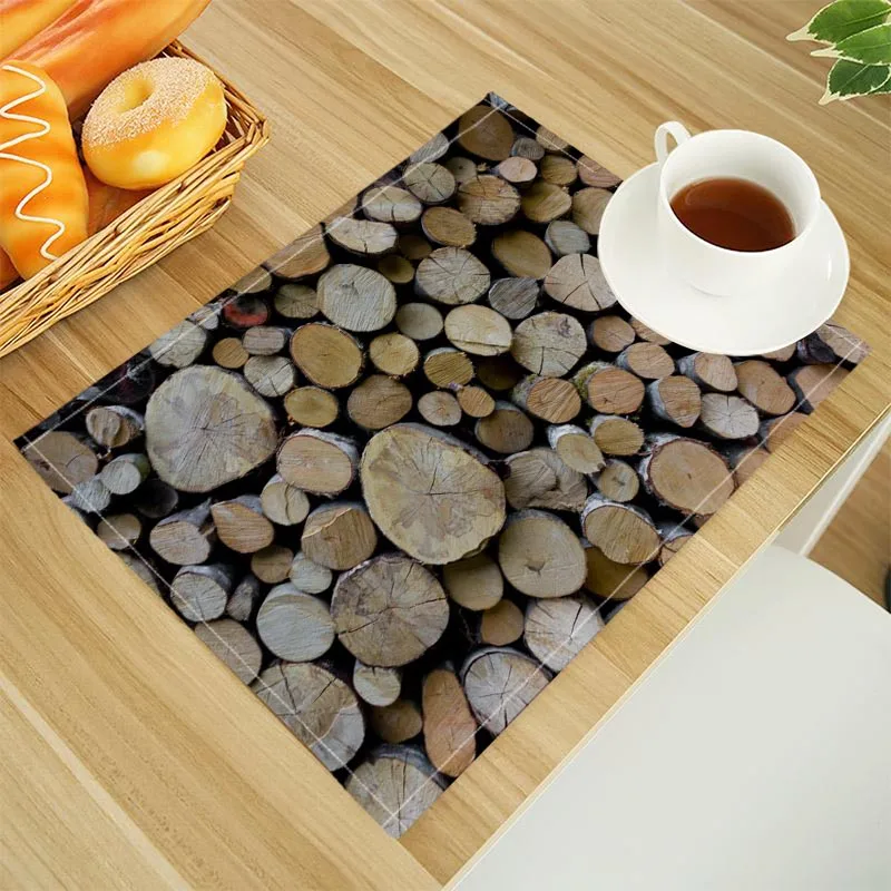 Wood Print Linen Dining Table Mats Alphabet Kitchen Placemat 30X40cm Coasters Pads Bowl Cup Mat