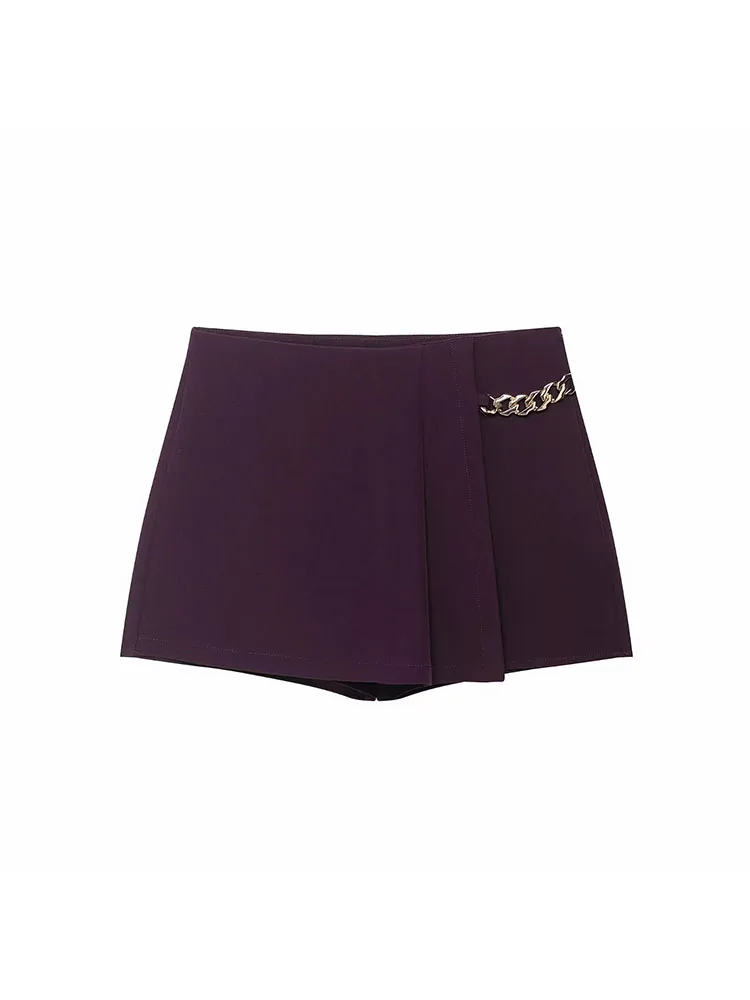 Faldas con cremallera lateral lisa y cadena para mujer, pantalones cortos Vintage de cintura alta, pantalones cortos elegantes para mujer 2025