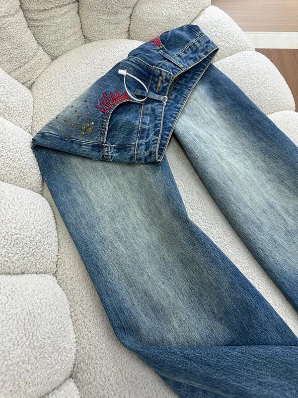 

Ретро-джинсы с американской вышивкой, широкие, свободного кроя, женские, весенние, длинные брюки, повседневные, удобные, без стрейча