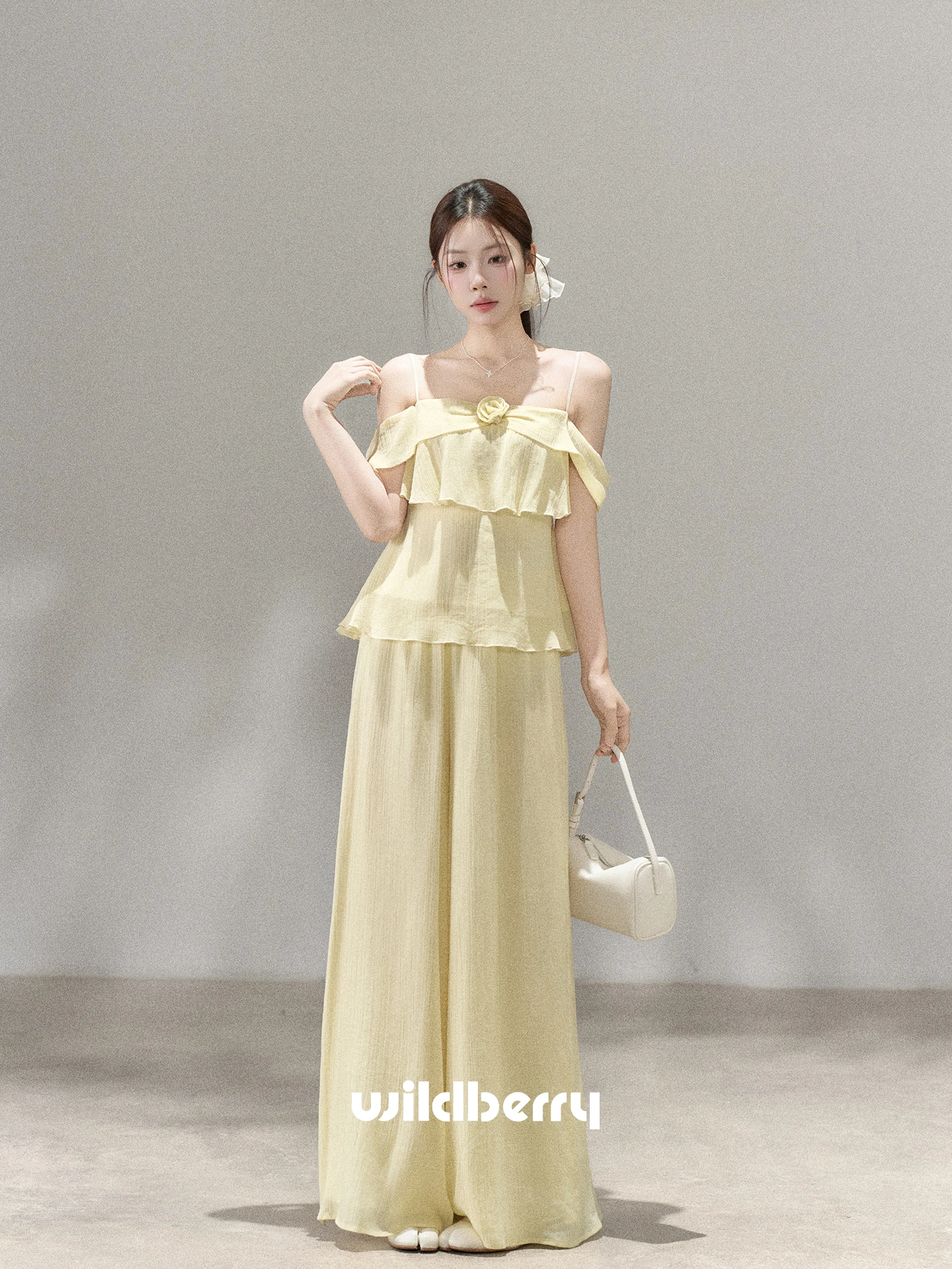 Korean Style Summer New Women's High Waist Wide Leg Casual Pants Two Piece Set Berry Little Wild Strawberry One Shoulder Top