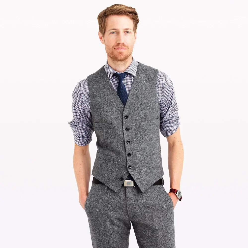 

Grey Tweed Men‘s Vest Pant Set Elegant Waistcoat For Wedding Grooms Custom Slim Fit 2 Piece Prom Tuxedo Suit TernoS Masculino