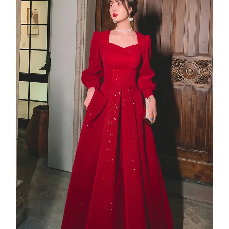 Women Evening Dresses Long Sleeve Elegant Square Collar Red Prom Party Dress Long A-line Wedding Guest Evening Dress Graduation