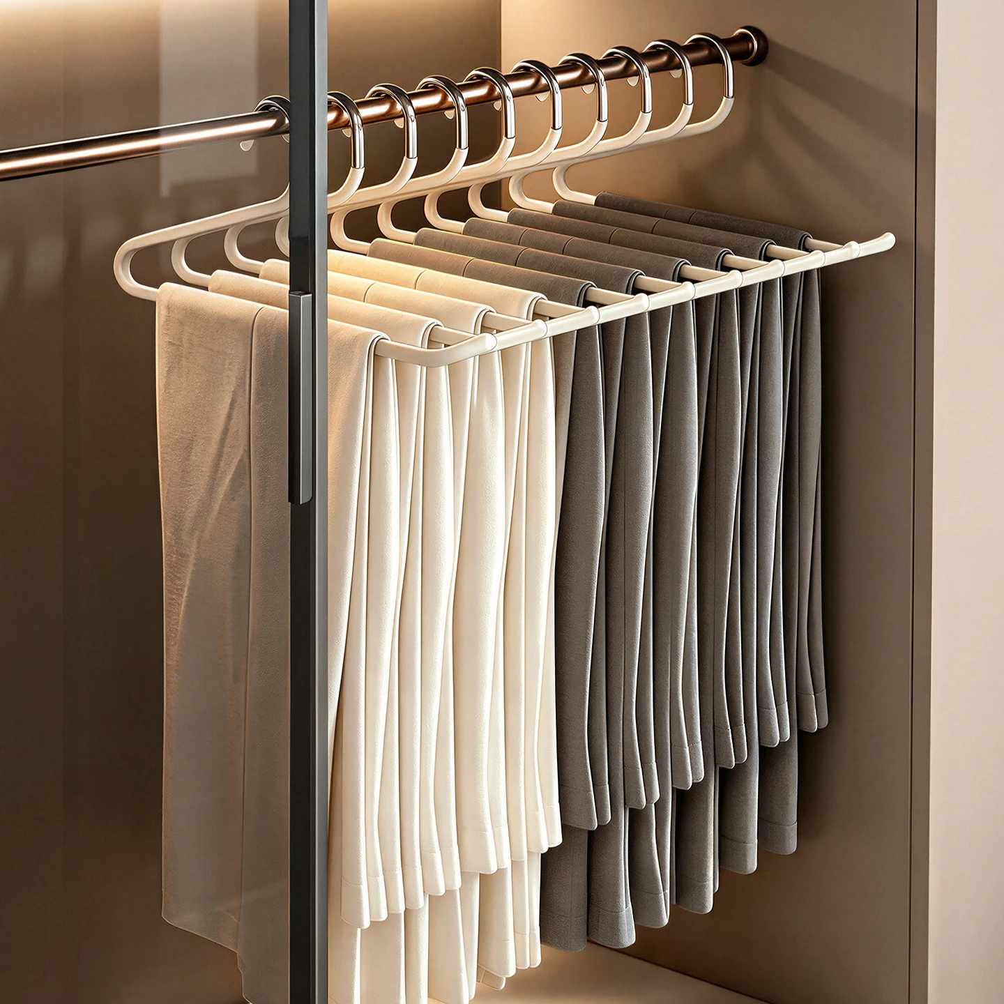 A Premium Sturdy Gooseneck Non-Slip Pants Hangers, No-Mark Clips for Trousers, Space-Saving Wardrobe Storage Organizer for Home.