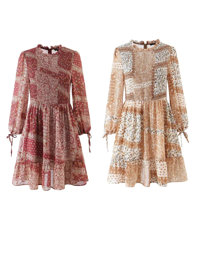 

Женское модное платье с принтом, с круглым вырезом, мягкое, мини, весеннее, приталенное, с длинным рукавом, 2 цвета, с бантом на талии и манжетами, модель 2026