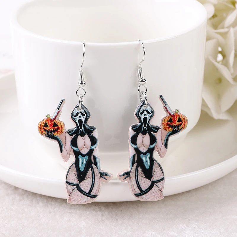 1Pair Halloween Dangle Earrings Creative Acrylic Pinup Ghost Pumpkin for Women Birthday Gift