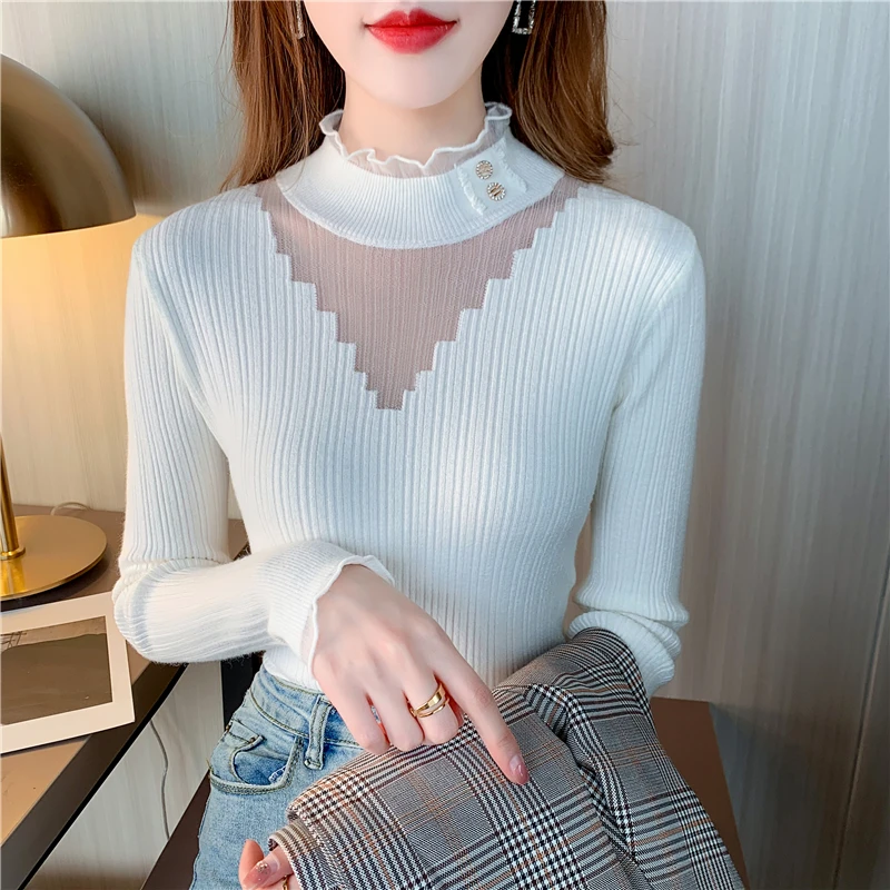 Ladies Mesh Stitching Nail Bead Pullover Sweater Women Clothing Girls  Autumn Casual Knitwear Female Woman OL Sweaters BPy2646