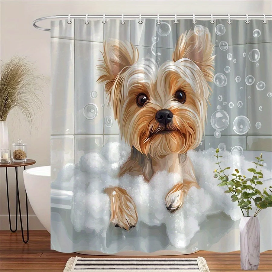 1pc Yorkshire Terrier Bubble Bath Shower Curtain -Playful Dog Design, Whimsical Bathroom Decor,Polyester Fabric