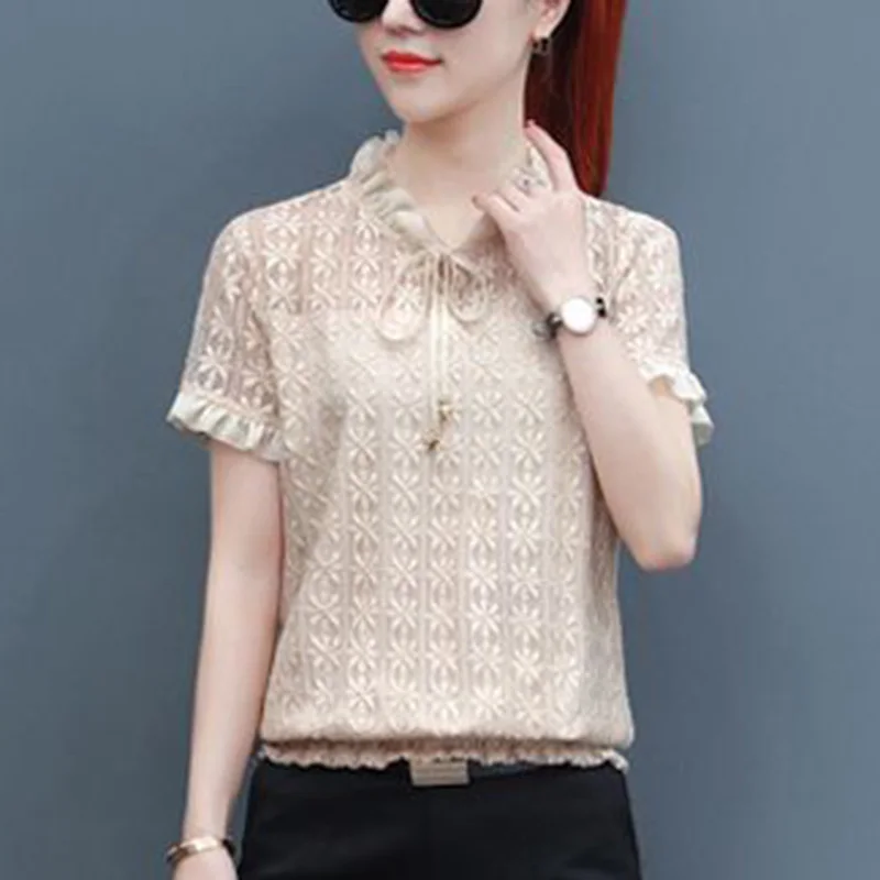 Elegant Lace Spliced Shirring Lace Up Bow Ruffles Blouse Female Clothing 2023 New Casual Pullovers Tops Office Lady Shirt