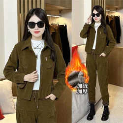 Autumn Winter Female Corduroy Sportswear Suit Lady Thickening Sport Suit Women Fashion Solid Color Large Size 4XL Tracksuit Sets