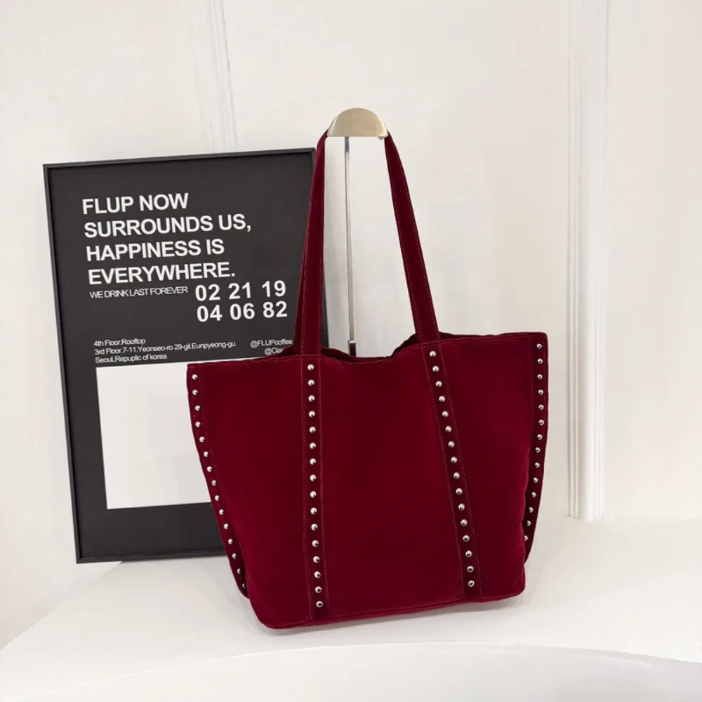 Korean Style Suede Rivet Tote Bag Solid Color PU Leather Suede Leather Shoulder Bag Brown Stud Decorative Underarm Bag Women