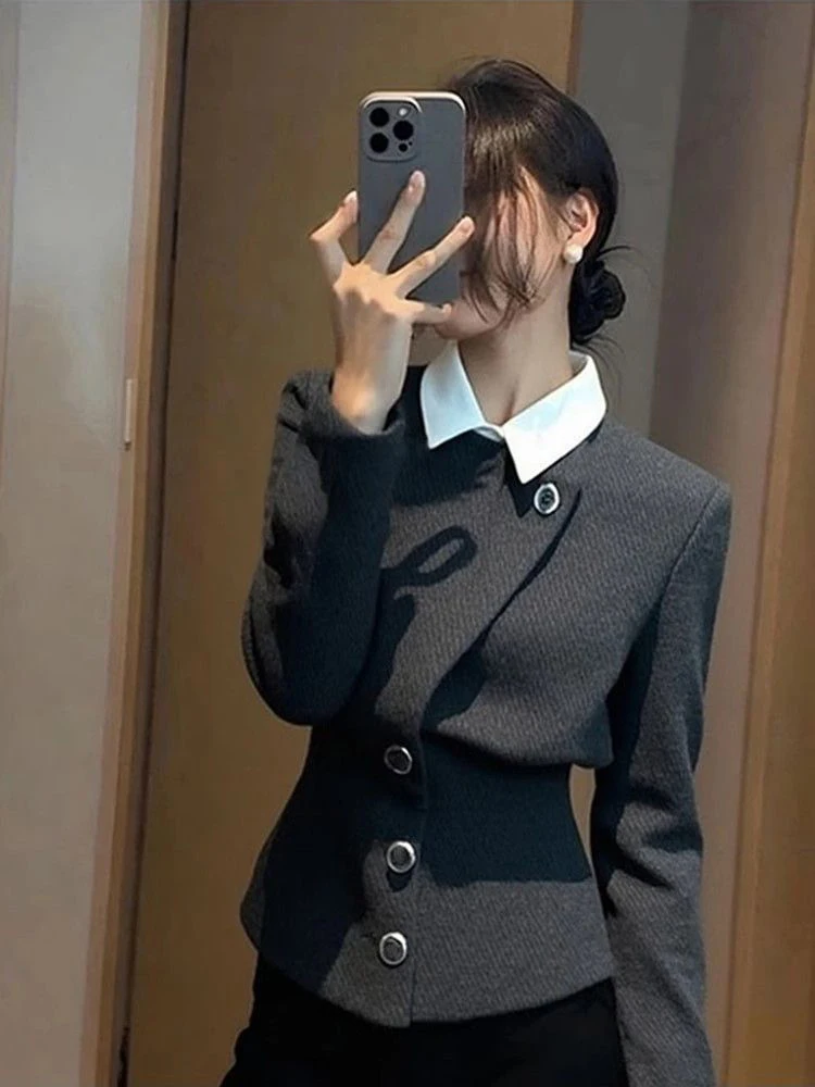 سترات نسائية خفيفة فاخرة بقصة ضيقة مكونة من قطعتين بدلة بأزرار مرقعة سترة خريف عتيقة للمكتب للسيدات قطع علوية بسيطة